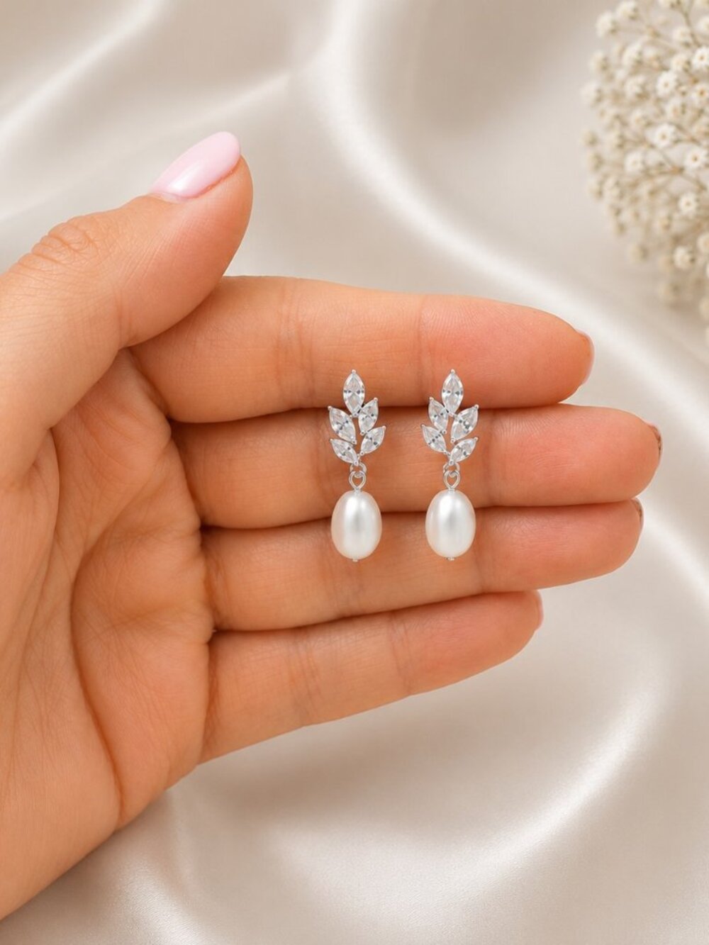 Bridal Freshwater Pearl Drop Earrings with Crystal Leaf Accent